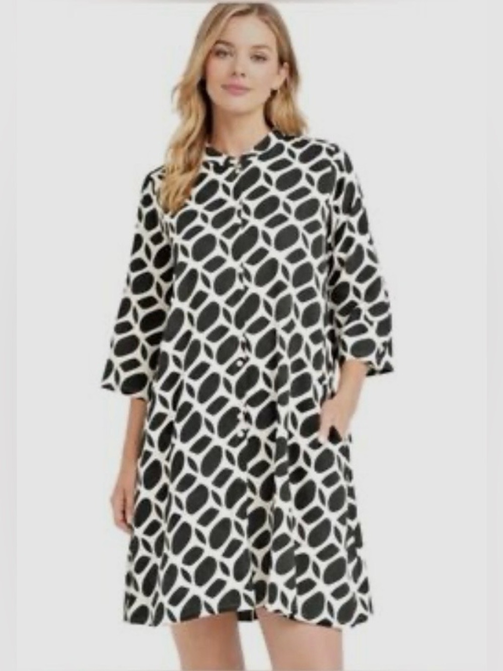 Bryn Walker Winona Cotton Poplin Mandarin Collar Button Up Tunic Black White XL